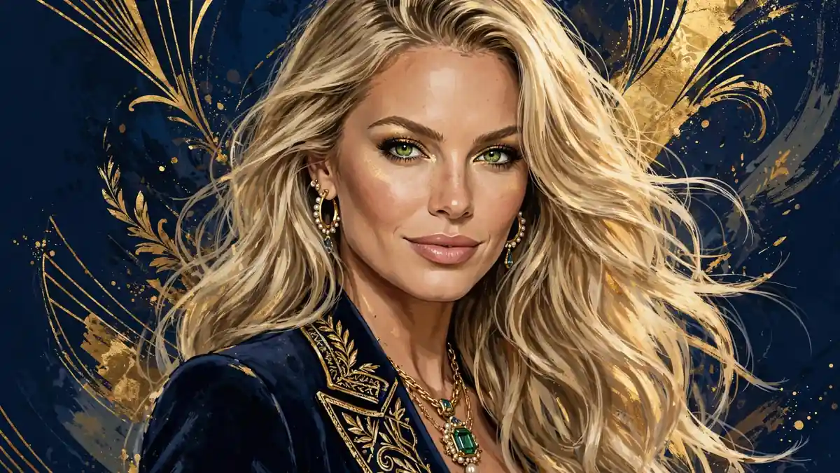 Stylized illustrated portrait of Lala Kent with her blonde hair and green eyes, in navy and gold editorial style