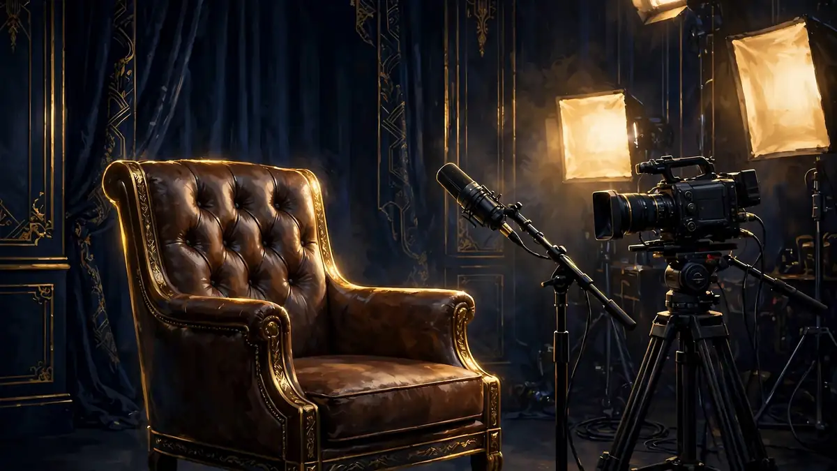 Illustration of a reality television confessional set with a microphone and camera lights in navy and gold