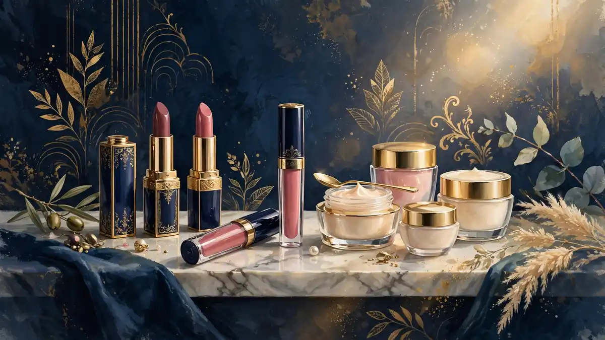 Illustration of a luxury cosmetics display with lipsticks and skincare jars in navy and gold
