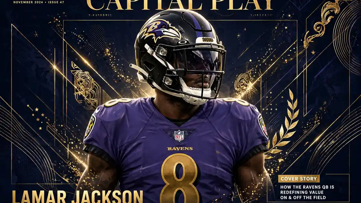 Stylized navy-and-gold editorial portrait illustration of Baltimore Ravens quarterback Lamar Jackson in his number 8 jersey and helmet