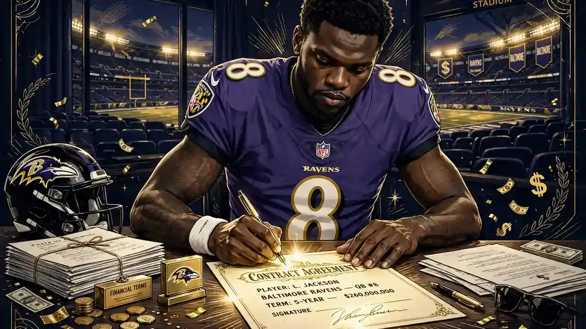 Editorial illustration of an NFL quarterback in a Ravens number 8 jersey signing a golden contract at a desk