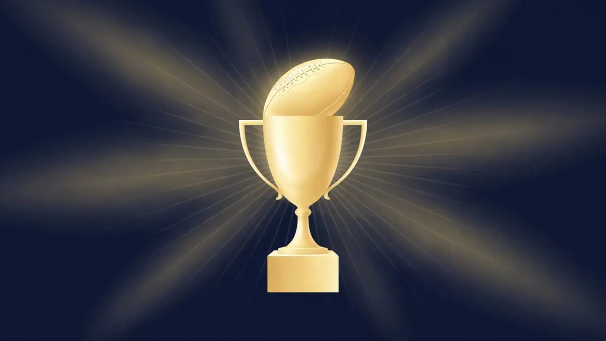 Smooth navy-and-gold editorial illustration of a glowing golden MVP football trophy against a dark navy background
