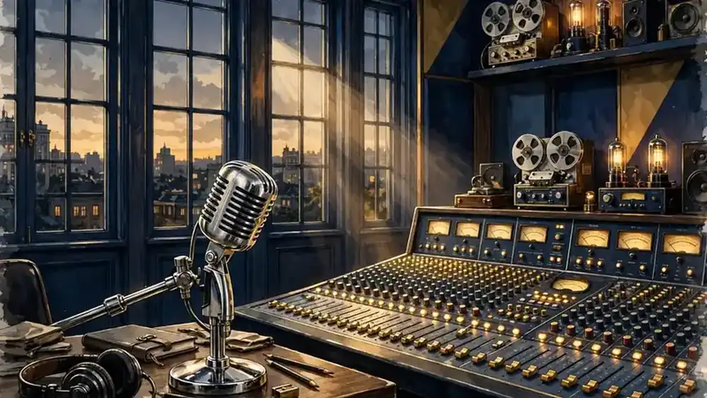 Illustration of a classic radio studio microphone and mixing console in navy and gold
