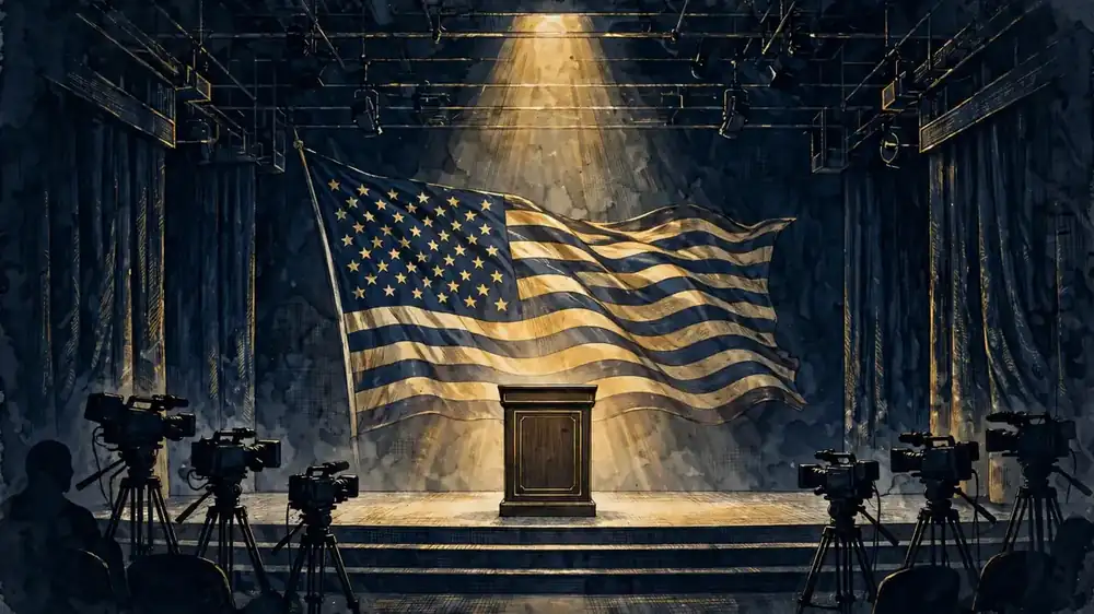 Illustration of a debate stage spotlight and podium with an American flag in navy and gold