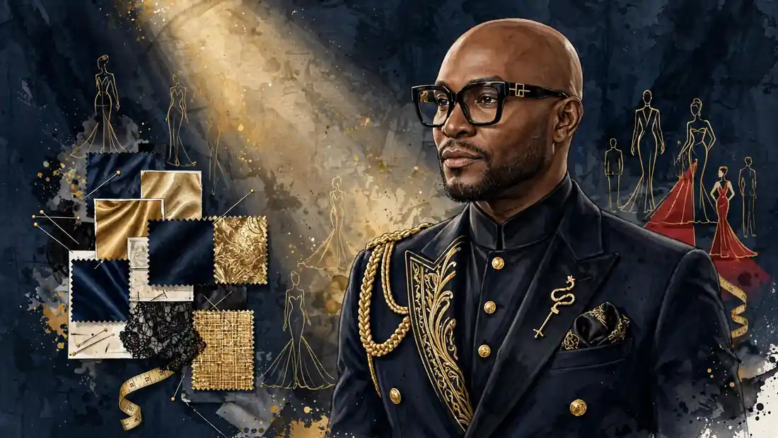 Stylized editorial portrait of Law Roach in a navy suit with gold accents