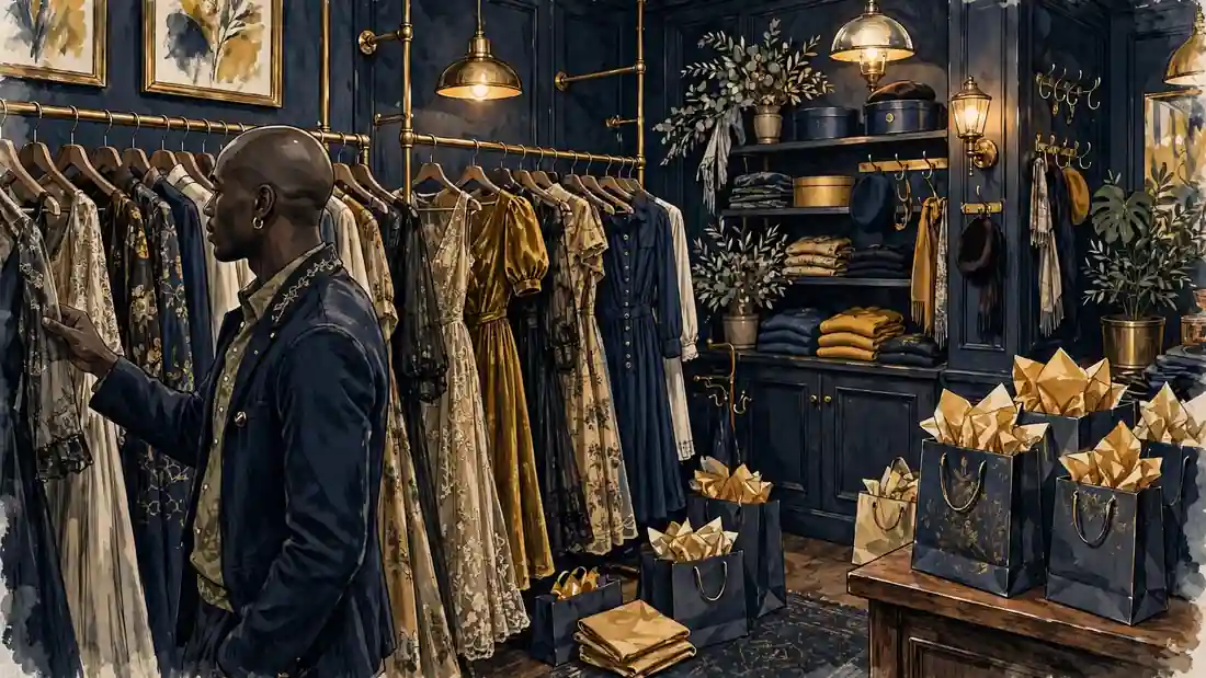 Illustrated atelier scene with an archival couture gown on a dress form