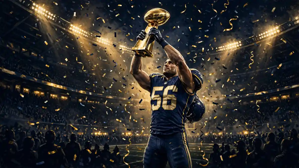 Illustration of a football contract signing with cash, briefcase and stadium lights in navy and gold tones