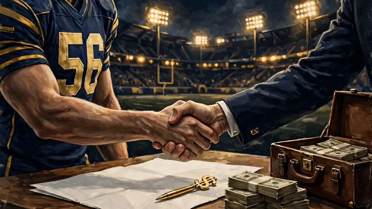 Illustration of a linebacker lifting a golden championship trophy amid confetti in a stadium