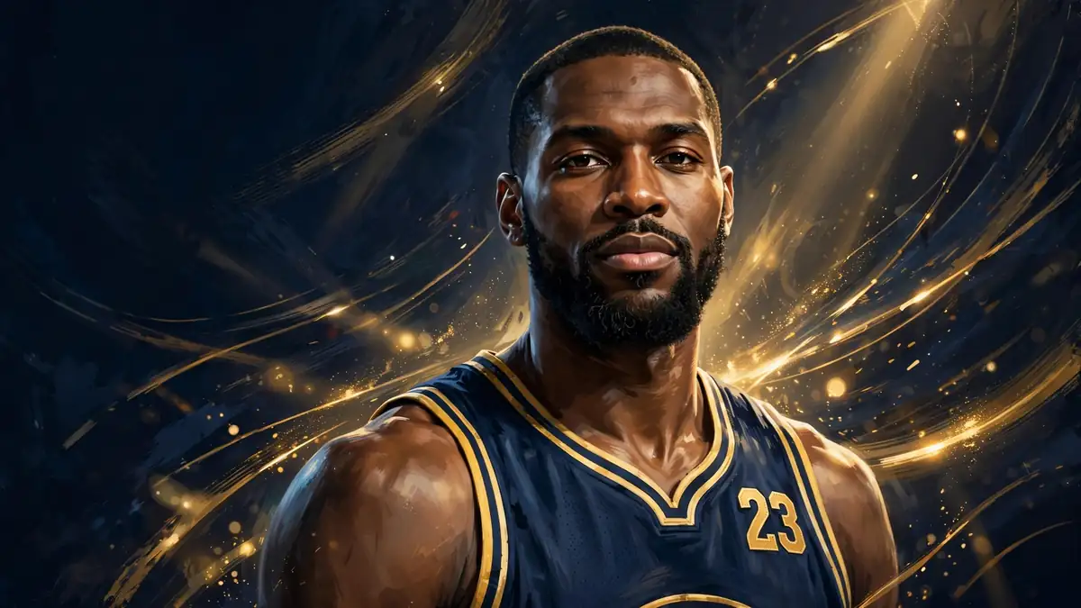 Stylized editorial illustration of LeBron James in a gold-trimmed basketball jersey