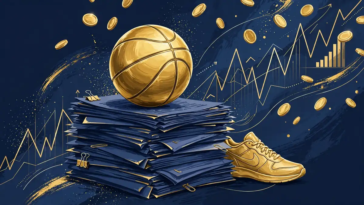Editorial illustration of a luxury basketball sneaker above gold coins, representing LeBron James's Nike lifetime deal
