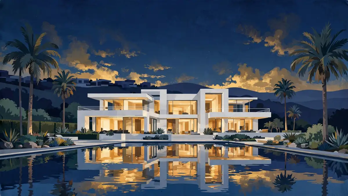Editorial illustration of a Beverly Hills mega-mansion at dusk, representing LeBron James's real estate portfolio