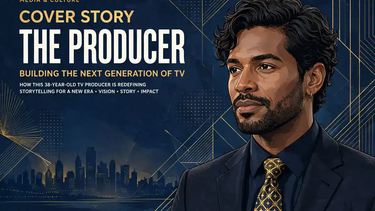 Stylized illustrated portrait of Lemuel Plummer in navy and gold editorial style