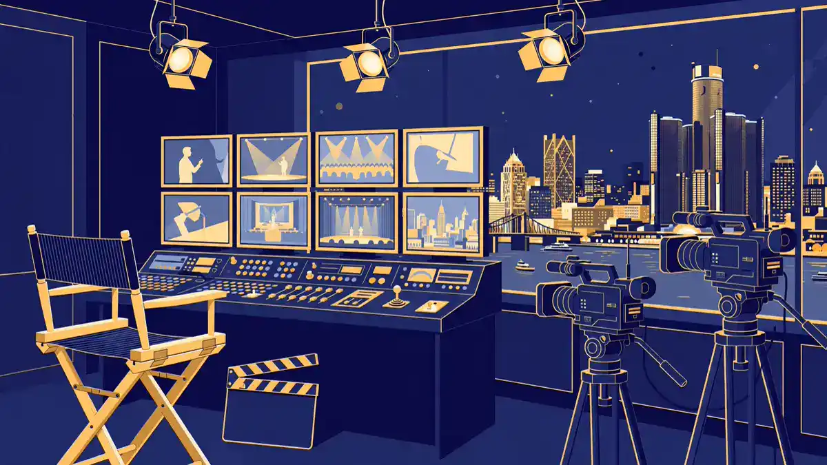 Illustration of a television production control room representing Plummer's producing career