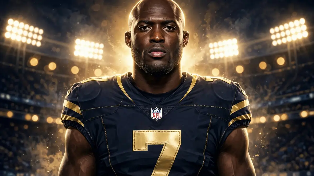Illustrated portrait of Leonard Fournette in a navy and gold football jersey under stadium lights