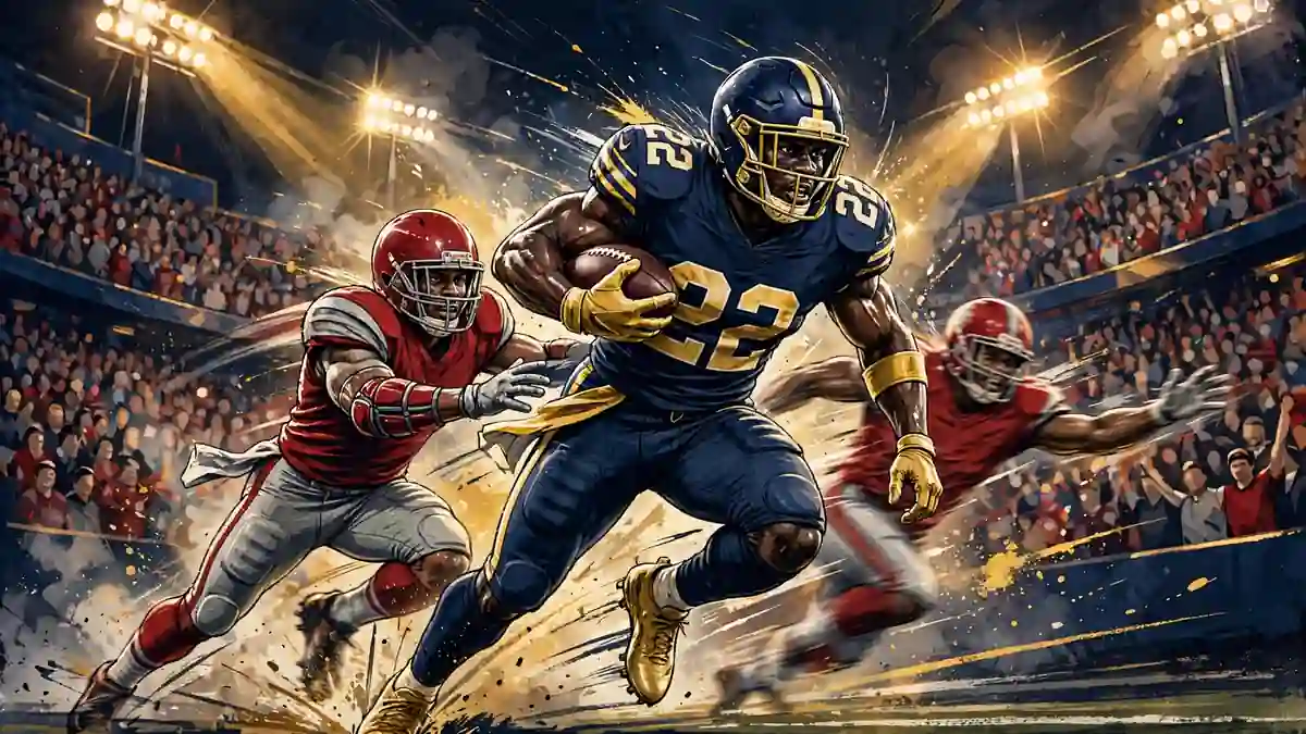 Editorial illustration of Leonard Fournette breaking tackles under playoff stadium lights