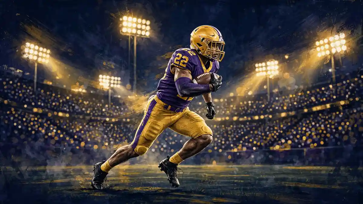 Editorial illustration of Leonard Fournette sprinting for LSU in purple and gold under night stadium lights