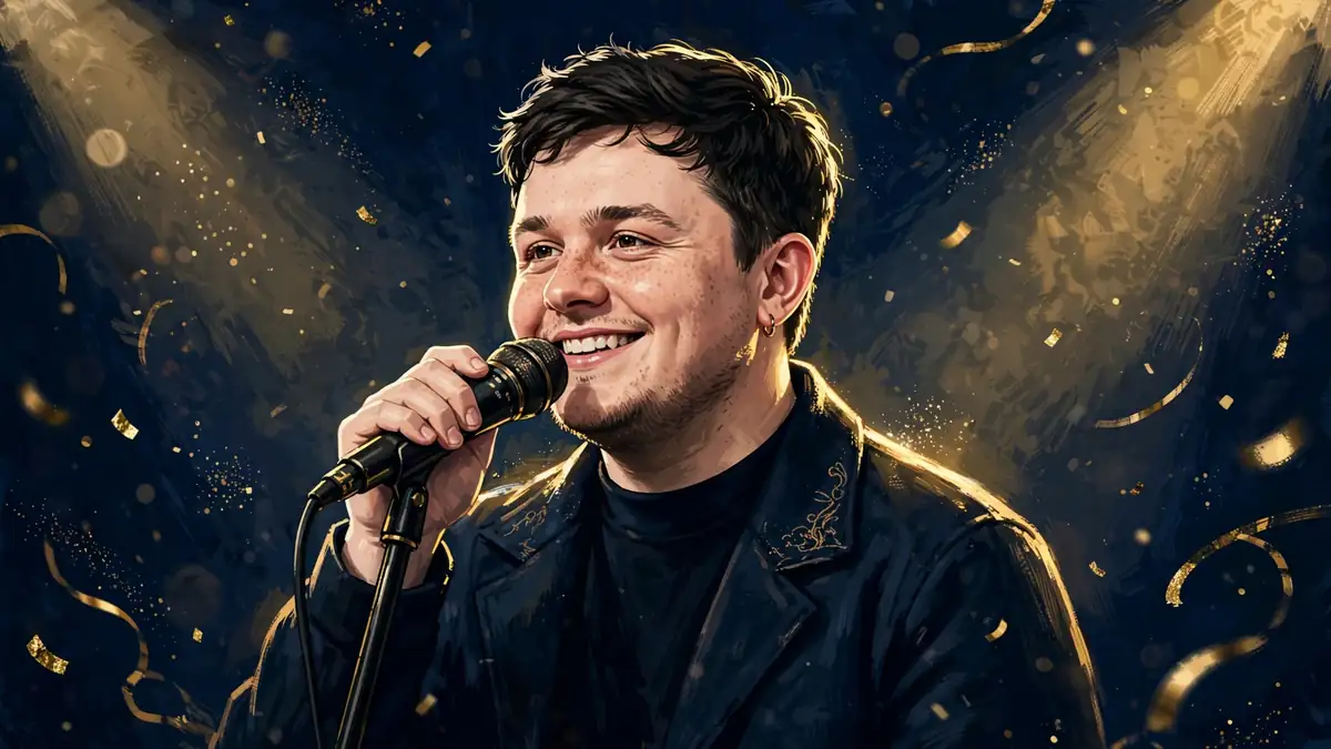 Stylized illustrated portrait of Lewis Capaldi performing on stage in navy and gold editorial style