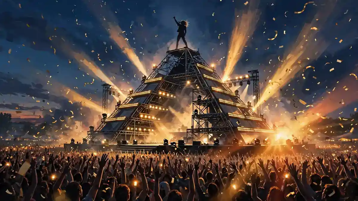 Illustration of a triumphant night-time festival comeback on a pyramid main stage with a glowing crowd