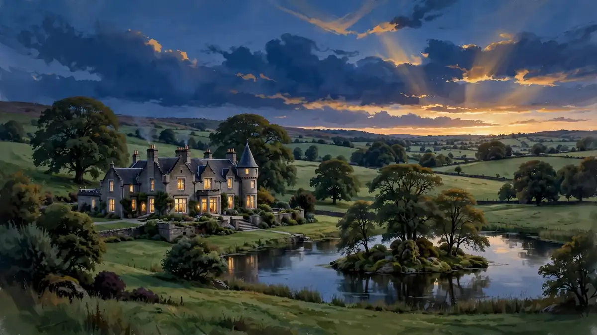 Illustration of a Scottish stone farmhouse estate with glowing windows at dusk