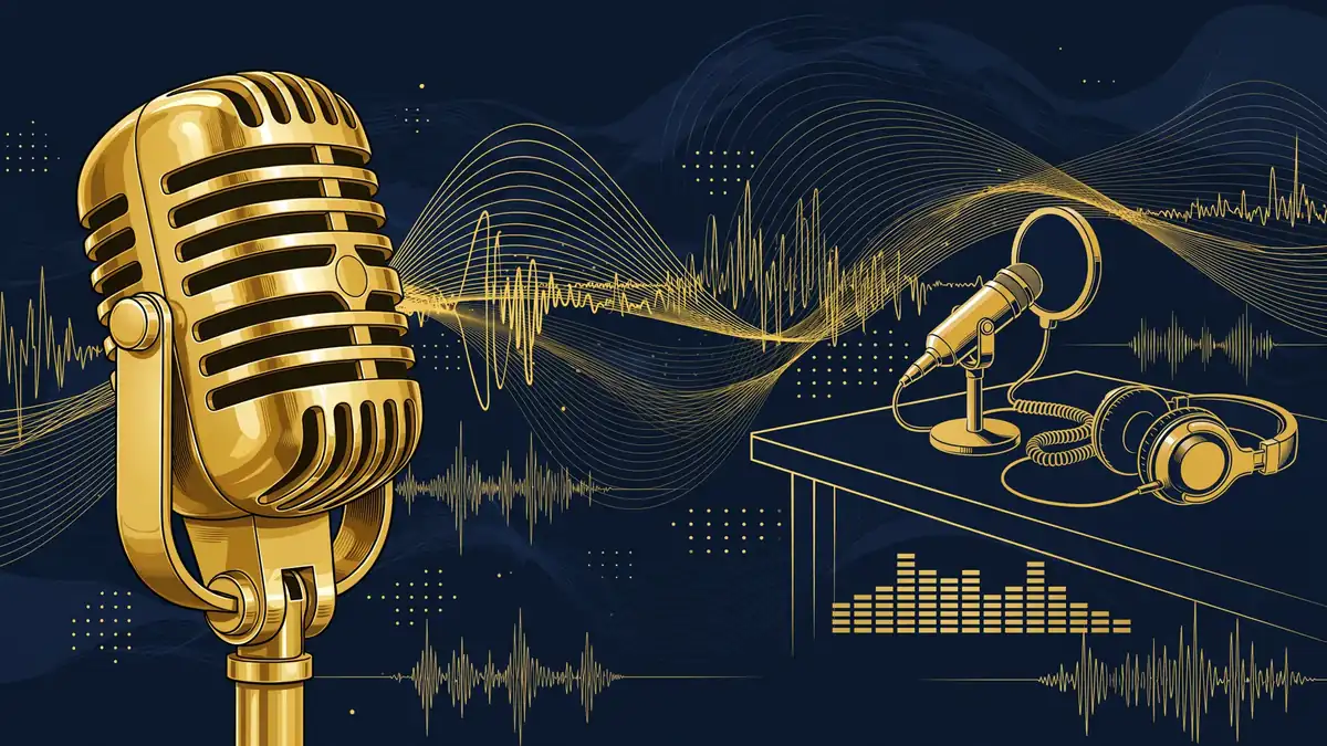 Illustration of a professional podcast studio setup with a gold microphone, sound waves and navy tones, representing The School of Greatness