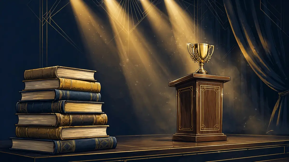 Illustration of bestselling books stacked beside a stage with spotlights and a trophy, representing Lewis Howes's books, speaking and events business