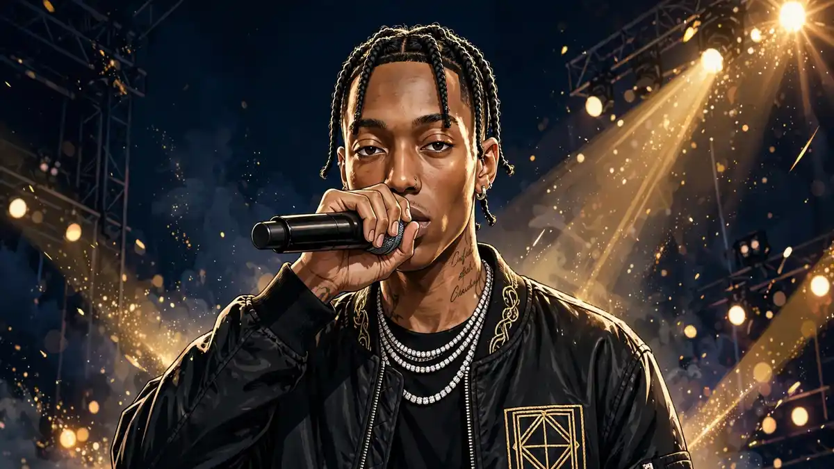 Stylized illustrated portrait of rapper Lil Tecca performing on stage in navy and gold tones