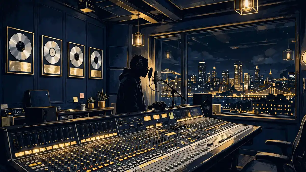 Illustration of a hip-hop recording studio at night with a mixing console and city skyline
