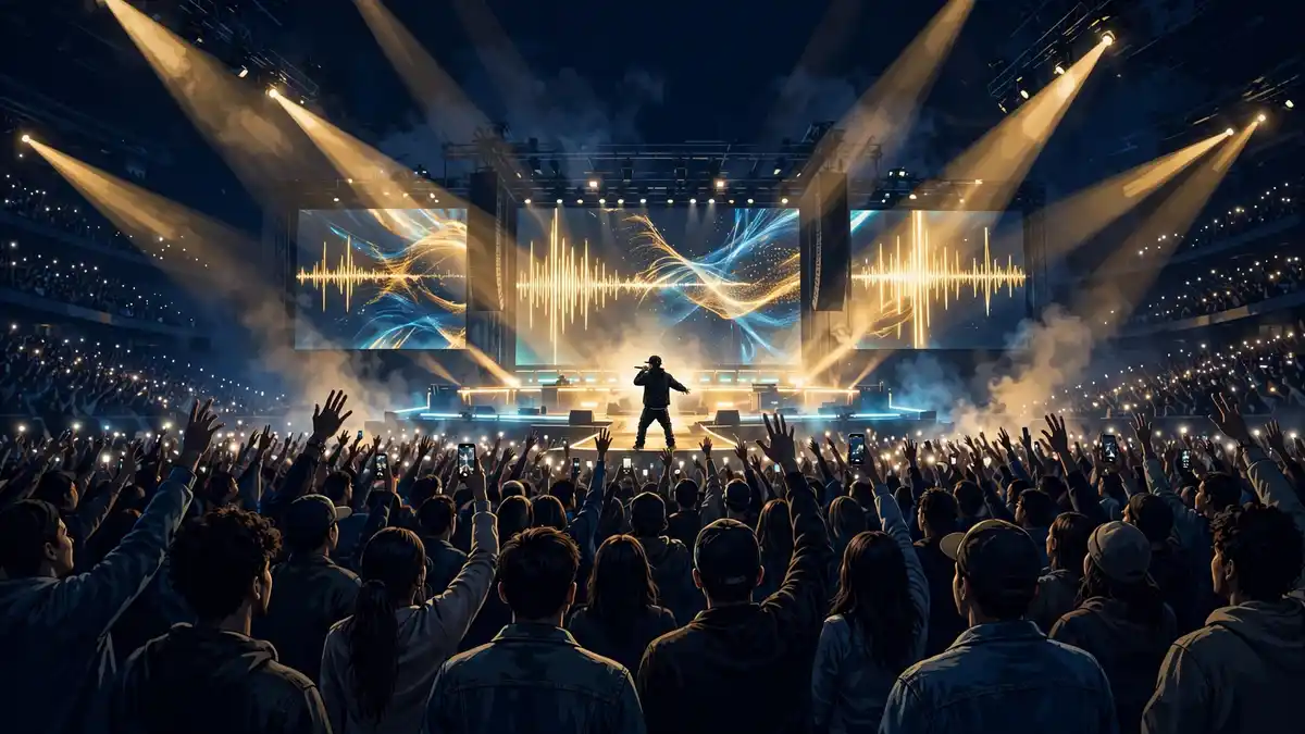 Illustration of a sold-out concert arena with a rapper performing under gold spotlights