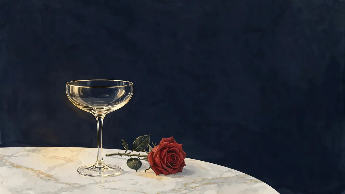 Champagne coupe and red rose in golden studio light, evoking 1980s Dynasty-era glamour