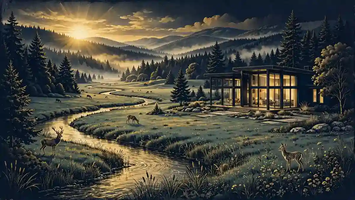 Custom glass-fronted house on a 70-acre Washington countryside estate with a river running through it
