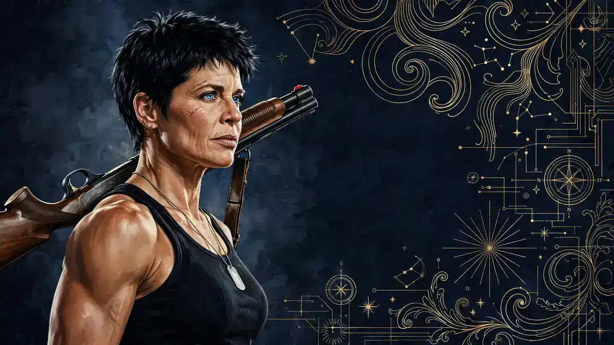 Illustrated portrait of Linda Hamilton as Sarah Connor in her early thirties, dark navy and gold editorial style