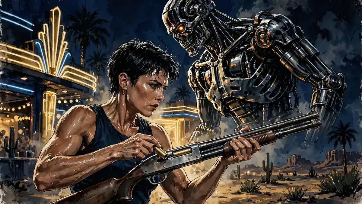 Illustrated scene of a 1991-era action heroine loading a shotgun with a chrome robot silhouette behind her, dark navy and gold editorial style
