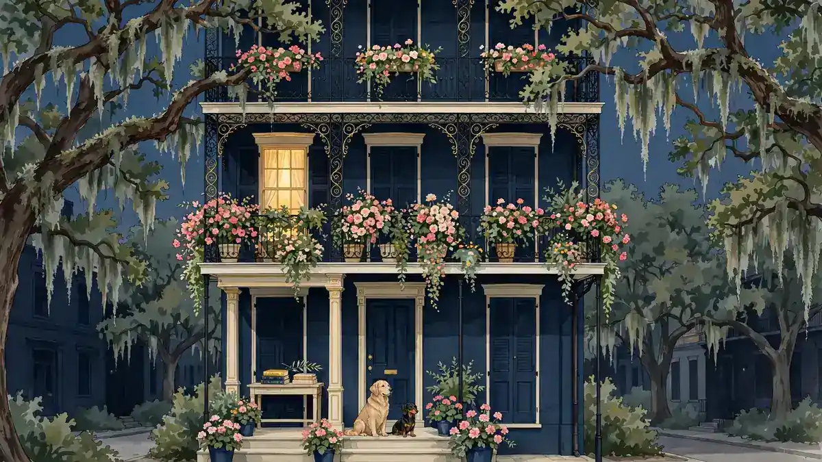 Illustrated New Orleans townhouse with wrought-iron balconies, books and two dogs on the steps, dark navy and gold editorial style