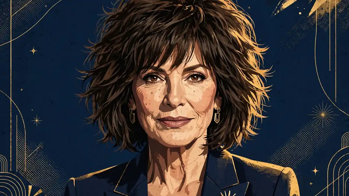 Illustrated editorial portrait of Lisa Rinna with her signature shaggy bob, in navy and gold style