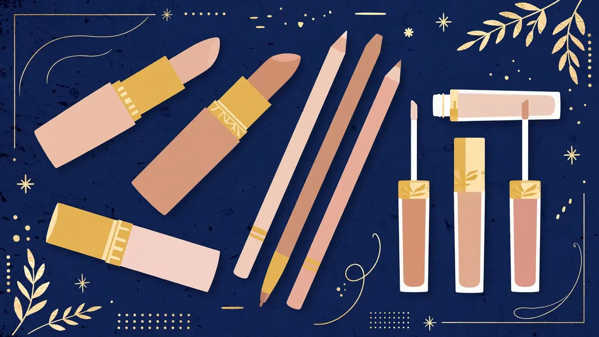 Illustration of luxury nude lipsticks and glosses from a beauty line, navy and gold style