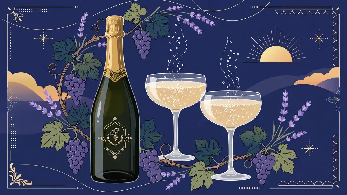 Illustration of a French sparkling wine bottle and coupe glasses, navy and gold style