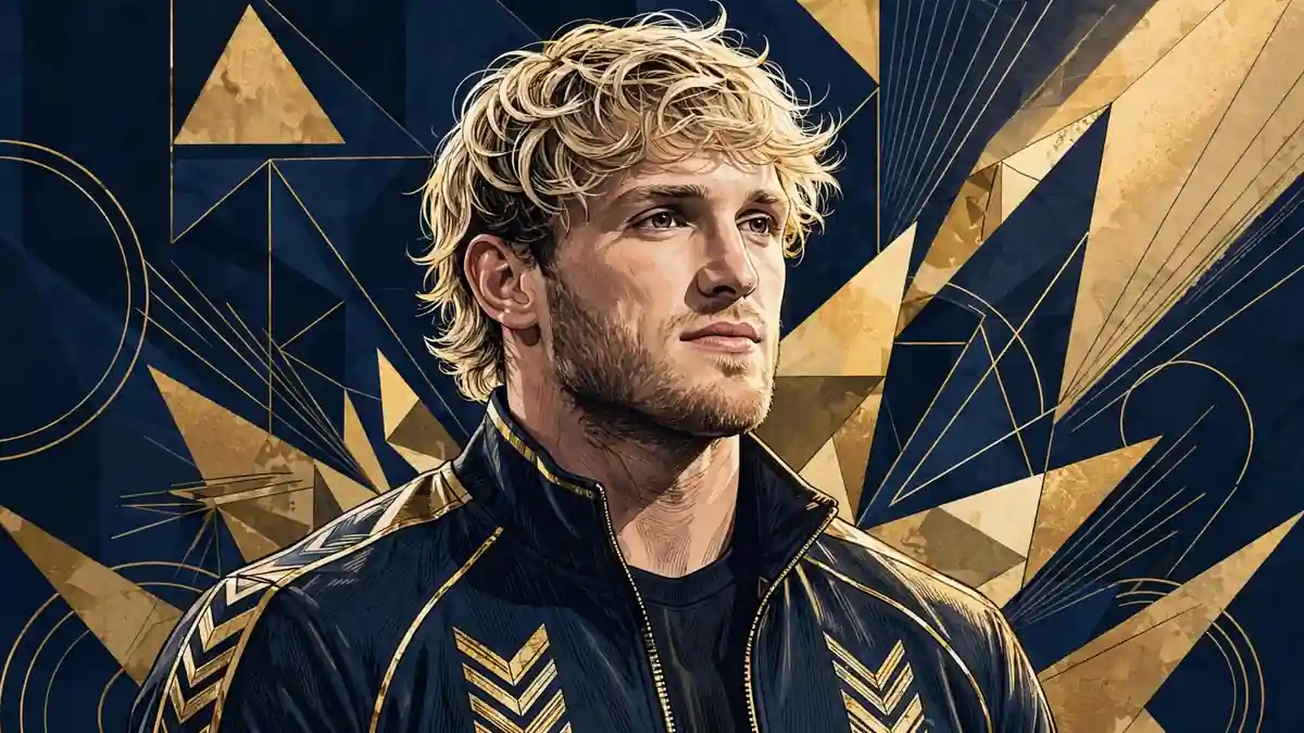 Stylized illustrated portrait of Logan Paul in a navy and gold editorial style