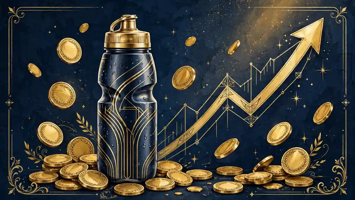 Colorful sports drink bottles lined up on a dark reflective surface with gold lighting