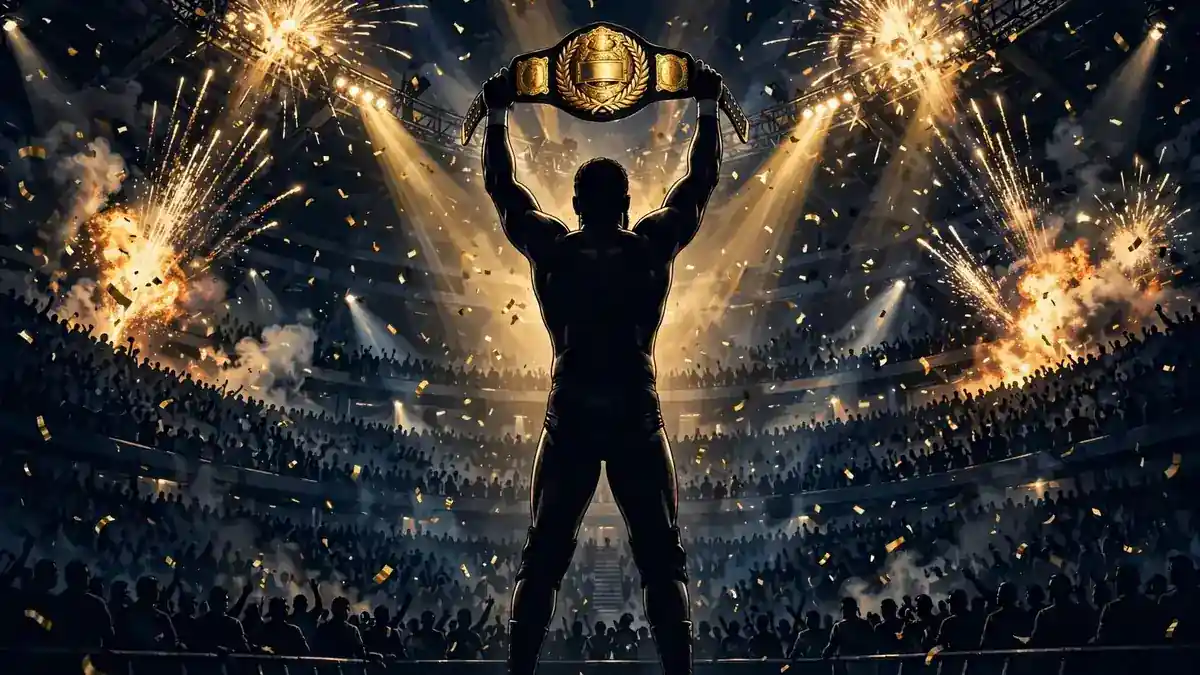 Wrestler silhouette raising a golden championship belt in a packed arena with pyrotechnics