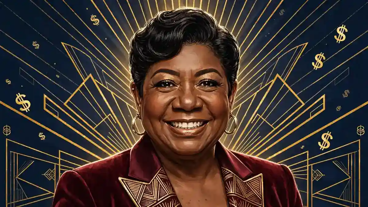 Stylized illustrated portrait of comedian and actress Luenell in navy and gold