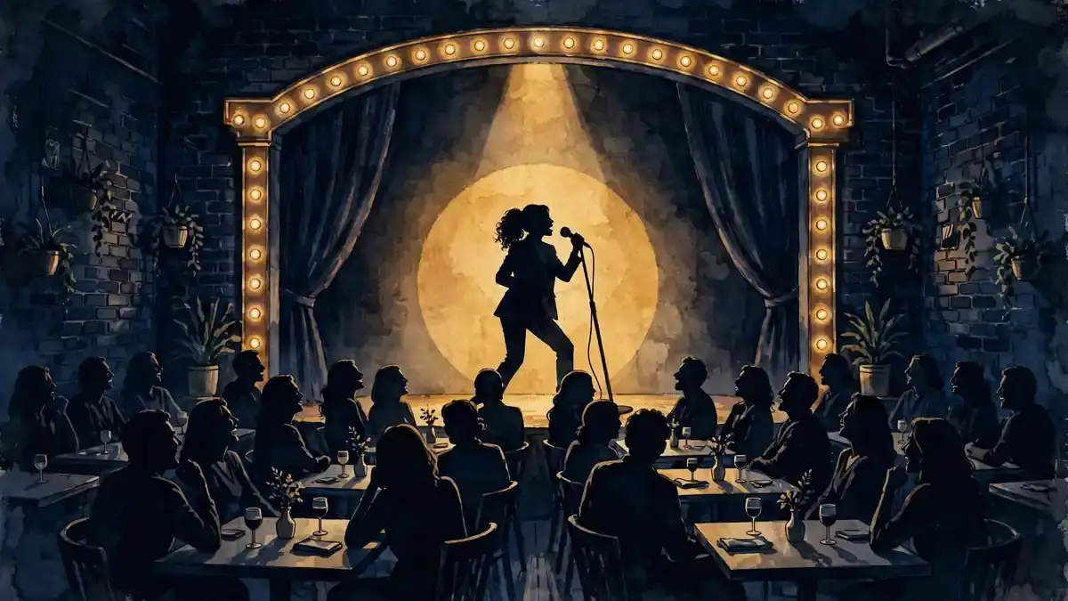 Illustration of a stand-up comedian performing on a jazz club stage under a spotlight, evoking Luenell's Netflix special Town Business