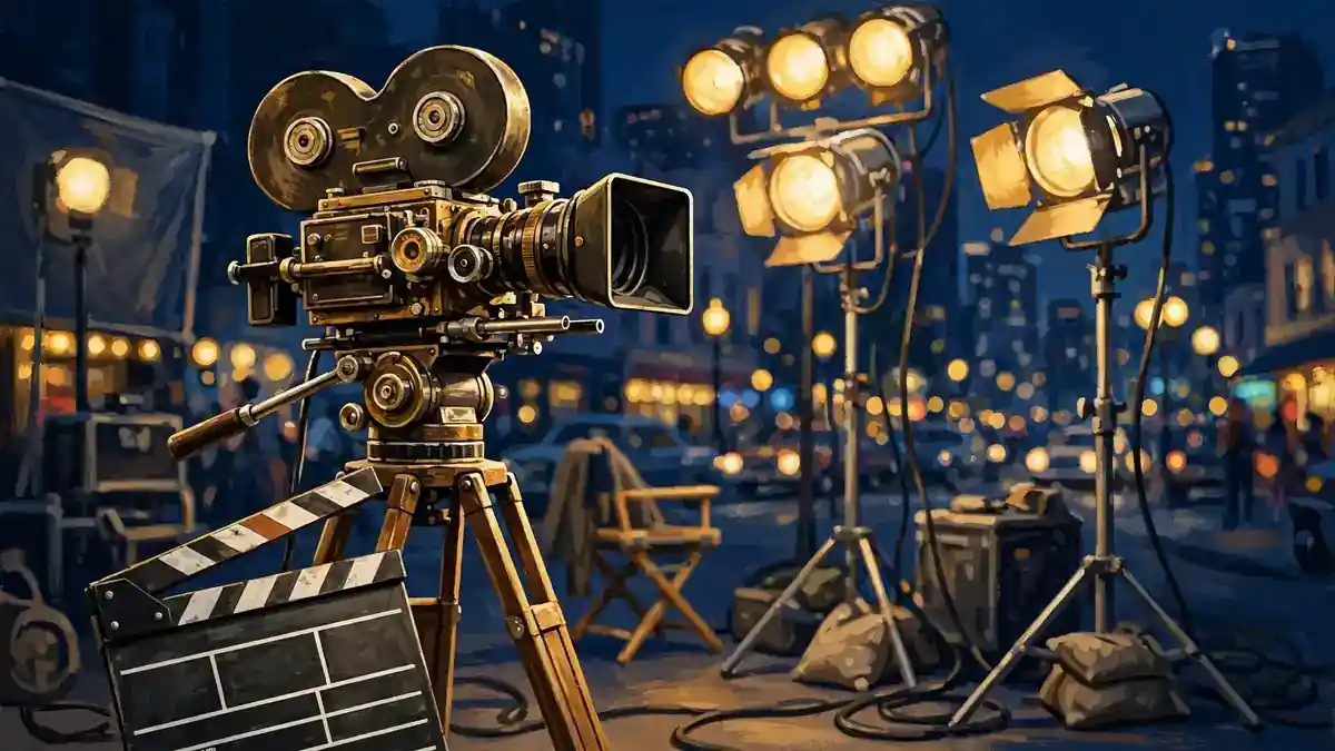Illustration of a nighttime Hollywood film set with a vintage cinema camera and clapperboard, evoking Luenell's Borat breakthrough