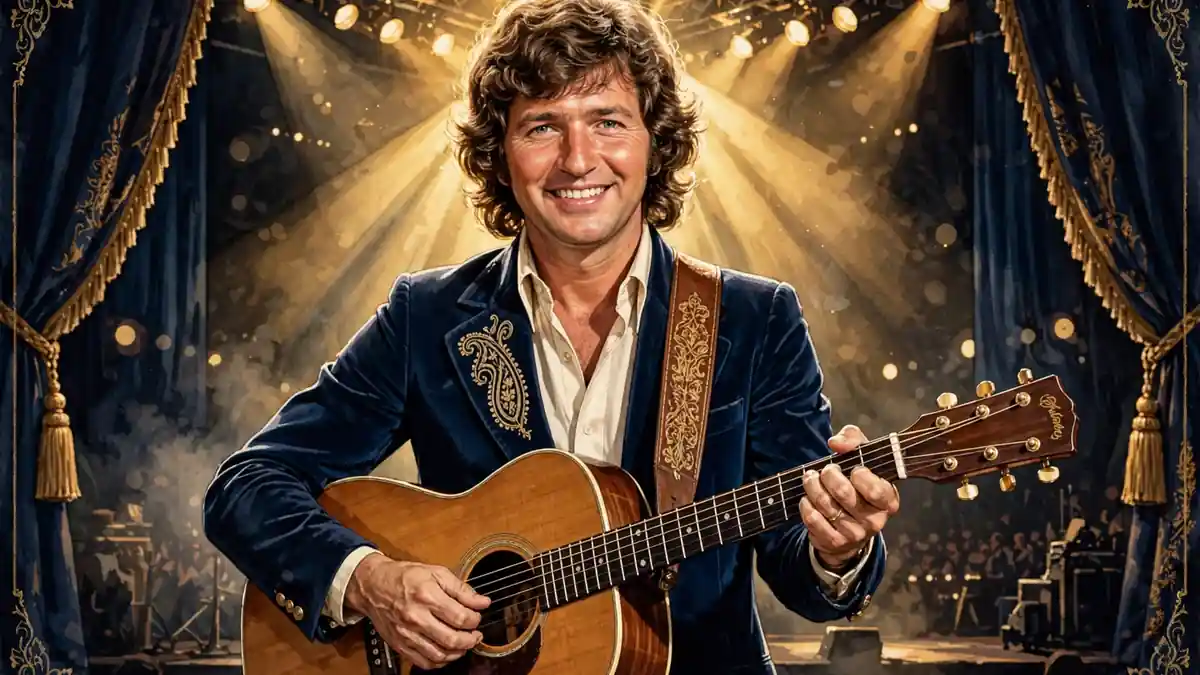 Illustrated portrait of Mac Davis, the 1970s country singer-songwriter, smiling with an acoustic guitar on a navy and gold stage