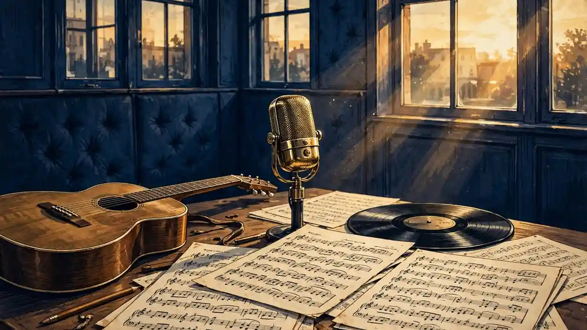 Editorial illustration of a 1960s songwriting studio with sheet music, a vintage microphone and vinyl records
