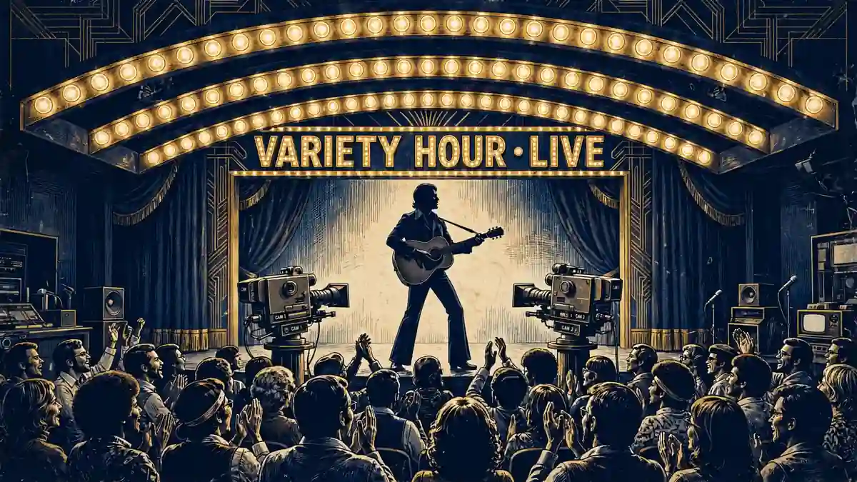 Editorial illustration of a 1970s television variety show stage with golden marquee lights and a studio audience