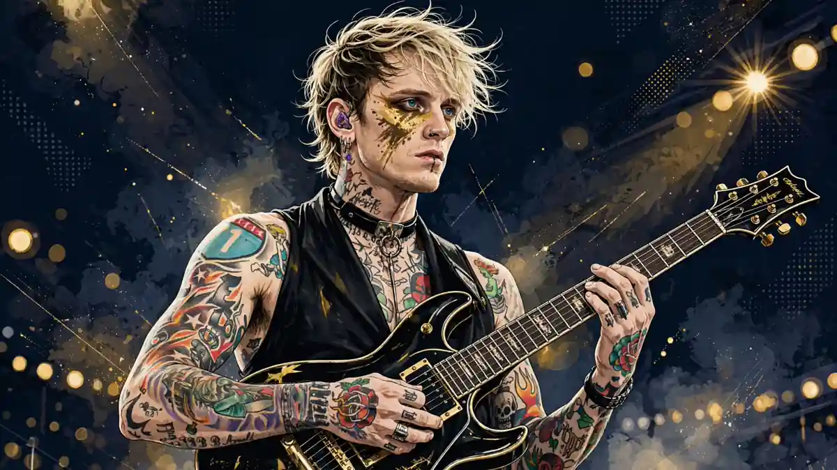 Illustrated portrait of Machine Gun Kelly performing on stage with an electric guitar