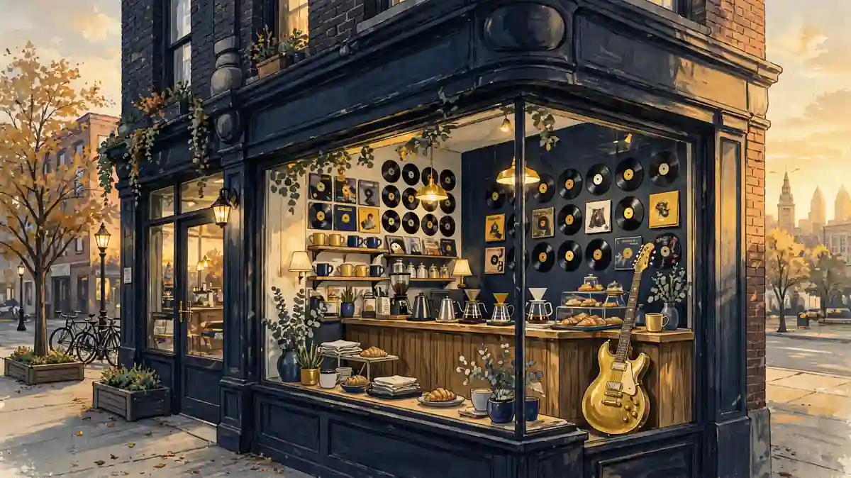 Illustrated coffee shop storefront inspired by Machine Gun Kelly's 27 Club Coffee in Cleveland