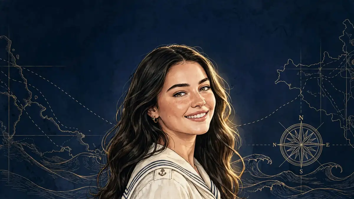 Stylized navy-and-gold illustrated portrait of actress Madelyn Cline with a treasure-map background