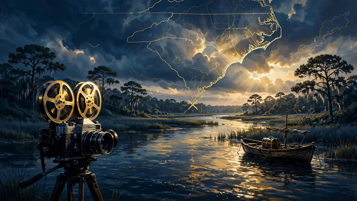 Cinematic illustration of a North Carolina coastal inlet with a film camera and treasure boat in navy and gold