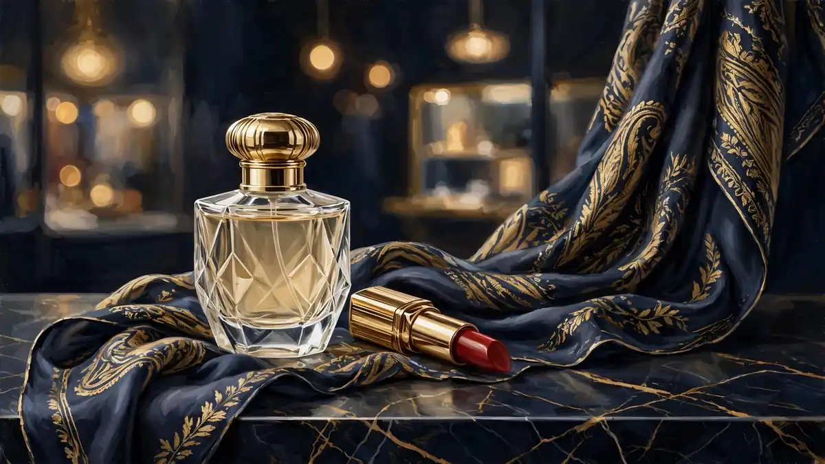 Navy-and-gold editorial illustration of luxury beauty products on a marble vanity